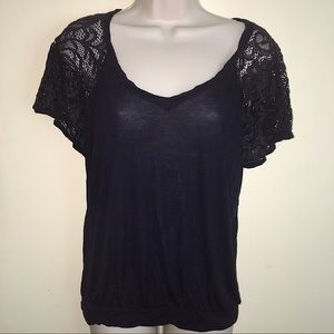 Free People Small/Petite Black Shirt With Lace Sleeves